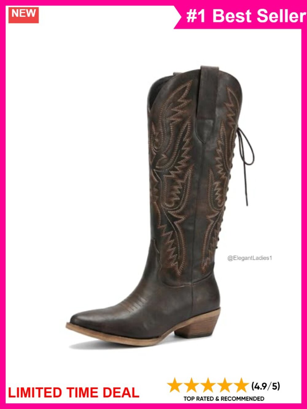 Wide Calf Cowboy Boots Adjustable Lace Up Knee High 2-Inch Heel Faux Leather
